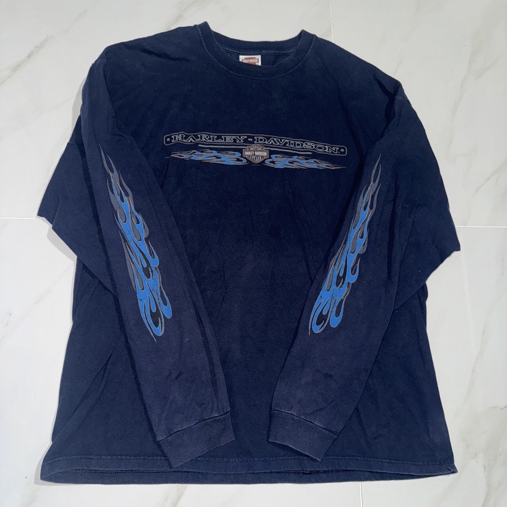 VTG Y2k Harley Davidson Blue Flame Long Sleeve Shirt 2XL 2005 USA Space Florida